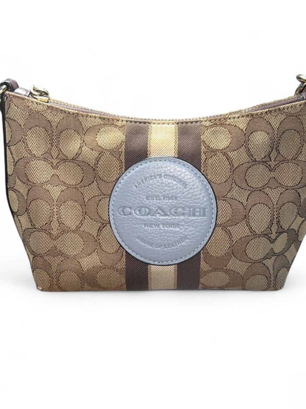 Coach Brown Signature Canvas Crossbody Bag with Blue Logo Patch